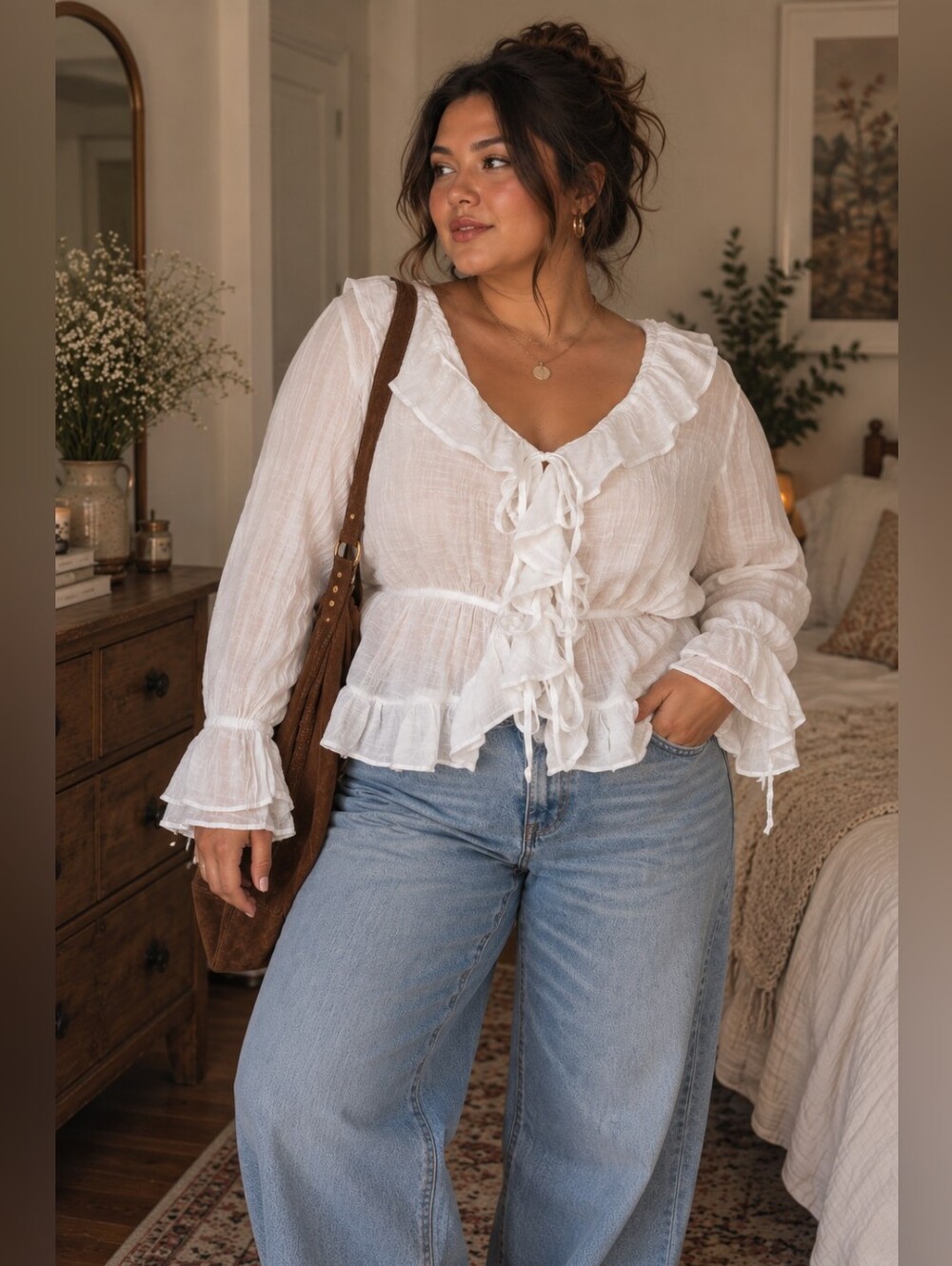 Love & Piece Collection White Ruffle Tie Front Blouse XL Boho Fairycore Y2K
